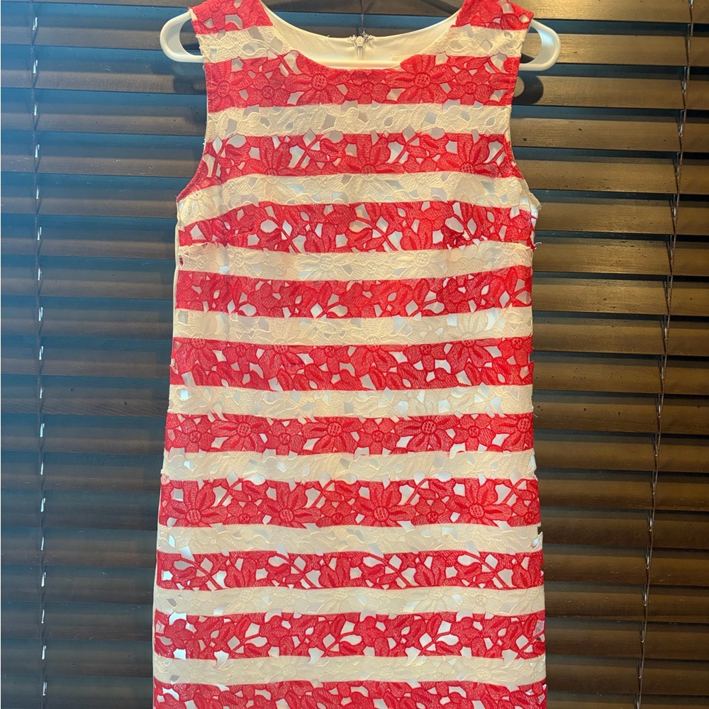 Esley White Dress with Red Floral Lace Overlay